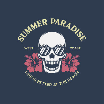 Summer paradise, fancy skull in sunglasses with hibiscus t-shirt print. Design for poster, print on the theme of summer.