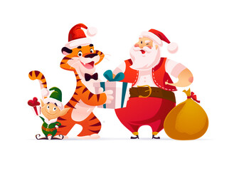 Merry Christmas illustration with tiger character in Santa hat, Santa Claus, elf characters with presents isolated. Vector flat cartoon style. For banners, sale cards, posters, tags, web, flyers, ads.