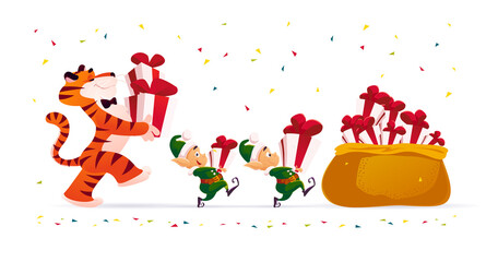 Merry Christmas illustration with tiger and little Santa elves carry xmas presents isolated. Vector flat cartoon style. For banners, sale cards, posters, tags, web, flyers, advertisement etc.