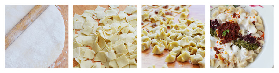 Stages of making Turkish food ravioli with 4 pictures.