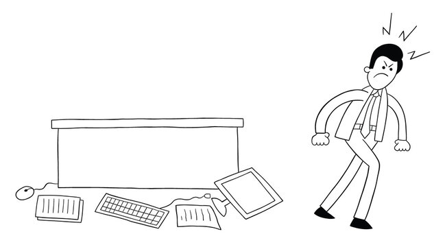 Cartoon businessman very angry, threw the computer and papers on the table to the floor, vector illustration