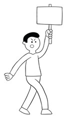Cartoon angry protester man holding wooden sign and walking, vector illustration