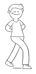 Cartoon man walks happy with eyes closed, hands behind, vector illustration