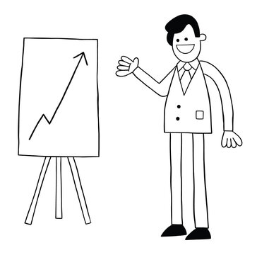 Cartoon businessman very happy to see rising sales chart, vector illustration