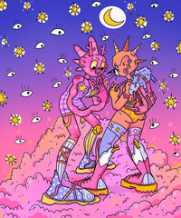 Alien creatures are watching something on a tablet against the backdrop of a sunset in the clouds.