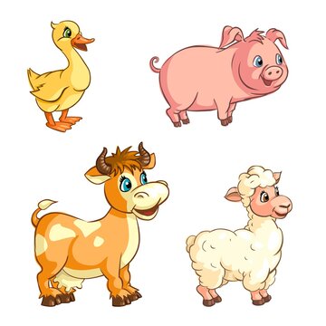 Set of farm animals. Duck, pig, sheep and cow isolated on white background. Cute and funny animals are depicted in cartoon style. 