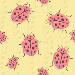 Ladybug cartoon seamless pattern. Insects seamless pattern on foliage 
