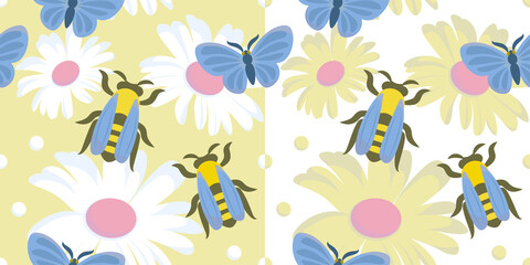 Seamless pattern with insects and flowers. Colorful bees and butterflies summer background in two colors 