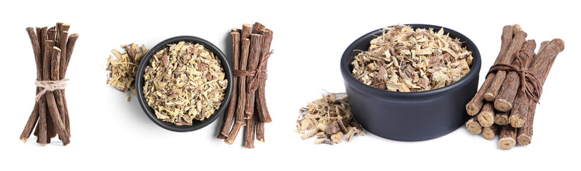Set with dried sticks of liquorice root and shavings  on white background. Banner design