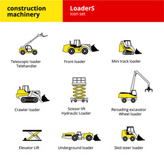 loaders vehicle and transport construction machinery icons set vector