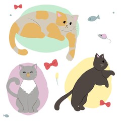 Bright illustration of cute fluffy kittens of different colors. Pets that give love