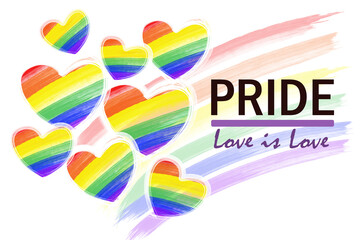 Rainbow color hearts in painting style with brush rainbow flag and wording PRIDE ,Love is Love , represent love pride for LGBTQ ,Lesbian, Gay, Bisexual ,Transgender and queer rights 
