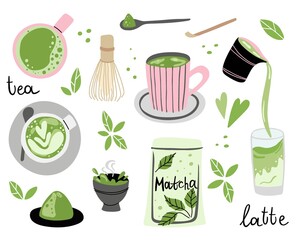 Matcha set. Hand drawn traditional japanese drink, powder and spoon, bamboo whisk and cup with latte, chinese green tea, trendy organic delicious beverage. Vector cartoon isolated elements