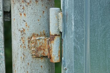one old brown rusty iron door hinge on a gray metal wall