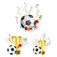 Trophy vector collection with a football for soccer match celebration. Stylish golden colour trophy collection for winning team celebration.