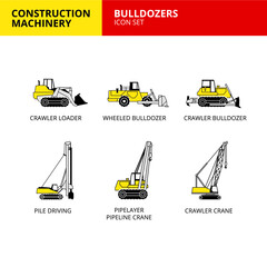 bulldozer vehicle and transport construction machinery icons set vector