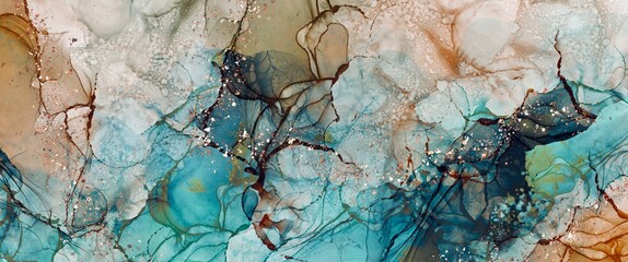 Alcohol ink background with golden design elements, luxury hand painted artwork, turquoise and orange accent, trendy wallpaper decoration