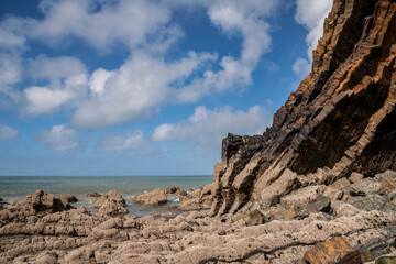 Beautiful landscape image of Blackchurch Rock on Devonian geological formation on beautiful Spring day