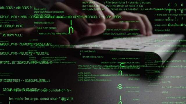 Creative visual of computer programming coding and software development shown by man working on computer keyboard with overlay of computer graphic displaying abstract program codes and computer script