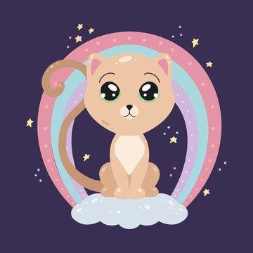 Cute childish illustration of cat on a cloud with a rainbow and stars on dark background. Flat picture of a kitten for postcards. Sweet Dreams. Vector animalistic picture in the night