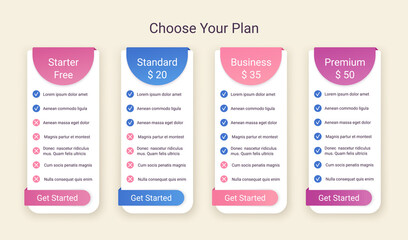 Price table template. Comparison chart grid. Vector. Pricing data layout. Spreadsheet page with 4 columns. Comparative subscription. Purchase menu with options. Checklist tariff. Simple illustration.