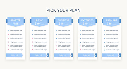 Table chart template. Price comparison layout. Vector. Pricing data grid. Spreadsheet page with 5 columns. Purchase menu. Comparative subscription. Checklist tariff with options. Simple illustration.