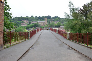 Looking across Iron Bridge into the village of Ironbridge in Shropshire in the UK