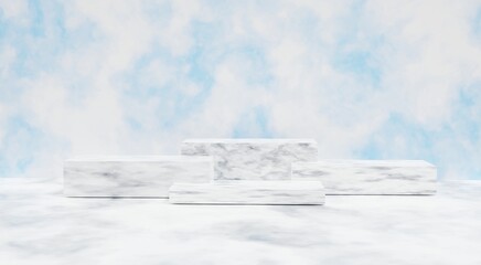 3D rendering. marble cube shelf on Cement wall for cosmetic or another product