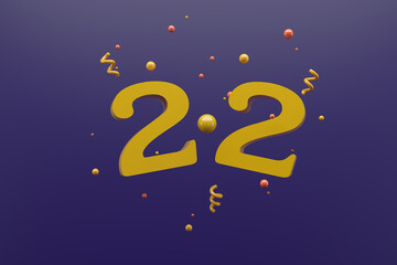 Naklejka premium Abstract background for online and shopping concept. Yellow 2.2 alphabet letters on purple background. 3d rendering illustration 