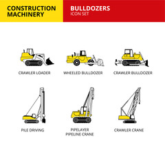 bulldozer vehicle and transport construction machinery icons set
