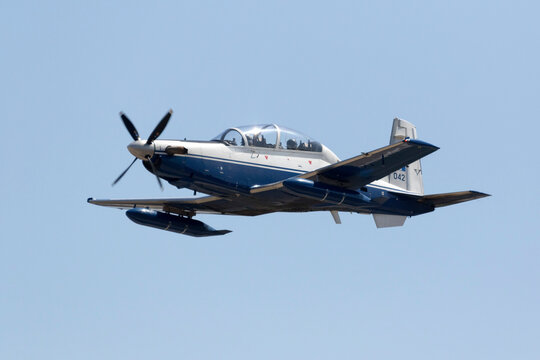 Luqa, Malta September 25, 2017: Greek Air Force Raytheon T-6A Texan II [042] departing after participating in the static display of 25th Malta International Airshow.
