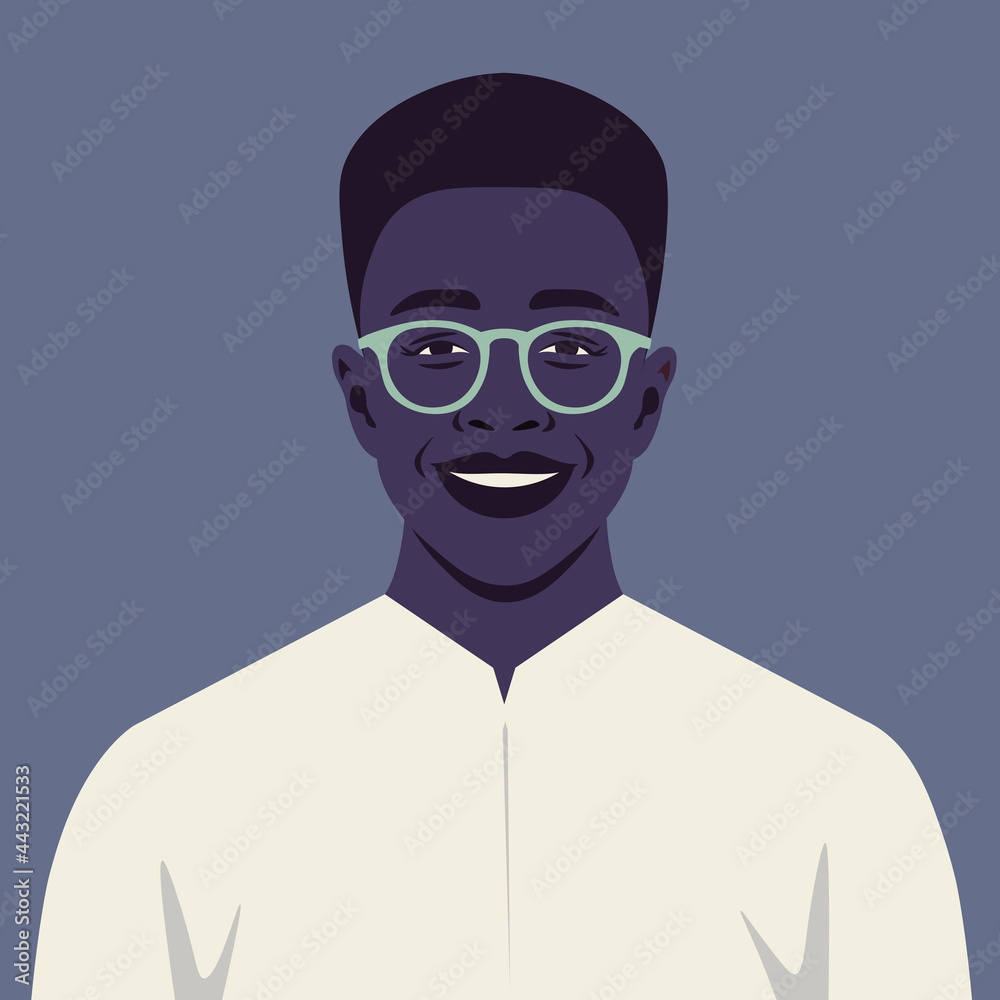 Wall mural The portrait of a happy African guy. An avatar. The fashion businessman. Vector illustration in flat style.