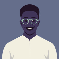 The portrait of a happy African guy. An avatar. The fashion businessman. Vector illustration in flat style.