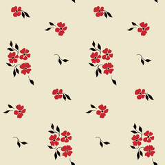 Classic floral print with small hand-drawn red flowers, dark foliage. Seamless botanical pattern. Minimalistic style, lots of free space. Vector.