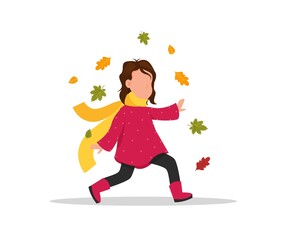 Girl collects leaves. The child runs through the autumn park. Isolated on a white background. Autumn concept.