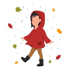The girl runs in the rain. Autumn fun activities. Child wearing rain boots jumping into a puddle.