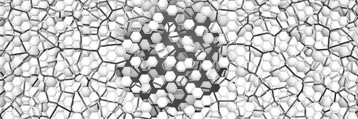 Background of hexagons with cracks. The geometric structure of the honeycomb. 3D visualization