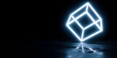 A futuristic portal in the form of glowing cube with reflections on the wet asphalt. 3d rendering