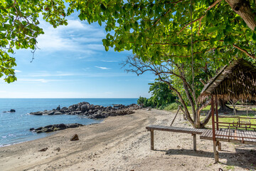 Nature in twilight period which including of sunrise over the sea and the nice beach. Summer beach with blue water and purple sky at the sunset.	
