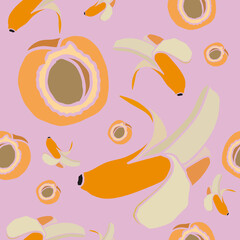 Banana and apricot seamless pattern. Made in simple and modern style. Vector, isolated on soft pink background.