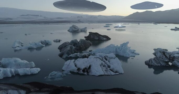 Flying Saucer ufo's over Antarctica Frozen landscape, Aerial 
drone view with lake icebegrs and Alien spaceships

