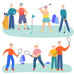 Older men and grandmothers play golf and tennis. Friends spend time together.