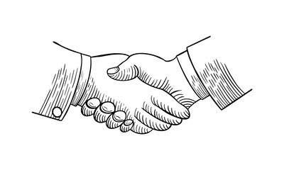 Handshake icon in sketchy doodle style. Vintage art on white background. Vector illustration.