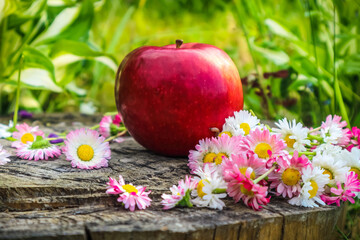 apple and flowers on wooden table
