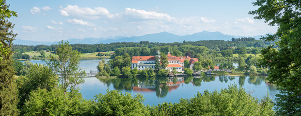 pictorial bavarian landscape with view to lake Seeon and cloister