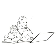 Freelance mother working on laptop with her child sitting on her foot. Kid writing, painting with working mother at home. Simple line illustration 