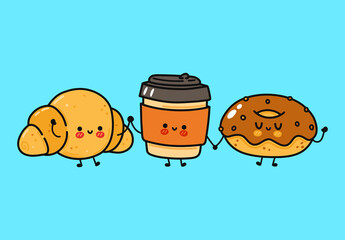 Funny cute happy chocolate  donut, cofee and croissant characters bundle set. Vector hand drawn doodle style cartoon character illustration icon design. Donut, cofee and croissant friends concept 