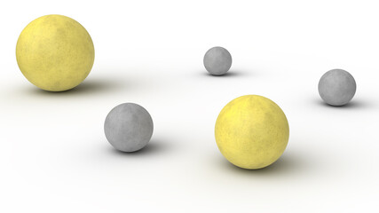 Illuminating yellow and grey spheres on the white background, trendy colour tones, calm and warm colour accent, big and small balls render visualization