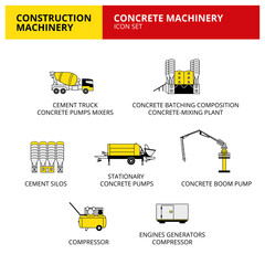 Concrete machinery vehicle and transport car construction machinery icons set vector