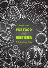 Pub food frame vector illustration. Beer, meat, fast food and snacks hand drawn. Food set for pub design top view. Vintage engraved illustration for beer restaurant for beer restaurant.